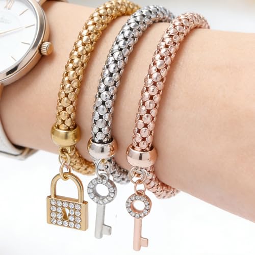 Alegend 14K Gold Plated Stackable Multilayer Bracelets + Titanium Steel(Not Rust, Resist Corruption, Easily Clean) 18K Gold Plated Single Bracelets - color: 14K Gold Crystal Keys and Locks