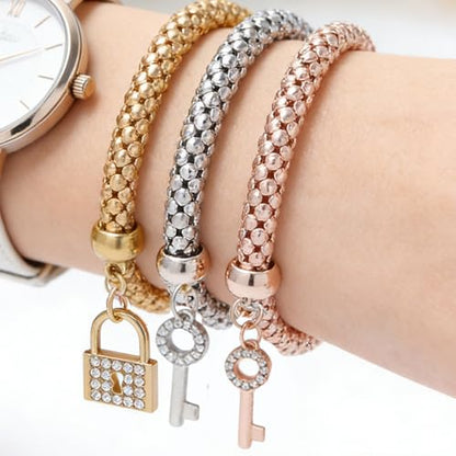 Alegend 14K Gold Plated Stackable Multilayer Bracelets + Titanium Steel(Not Rust, Resist Corruption, Easily Clean) 18K Gold Plated Single Bracelets - color: 14K Gold Crystal Keys and Locks