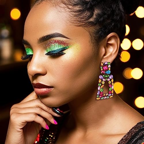 Flyonce Rectangle Clip-on Drop Earrings for Women, Sparkly Rhinestone Crystal Geometric Statement Non Pierced Earring Wedding Prom Party Jewelry for Brides Bridesmaid - color: Multicolor Black-Tone