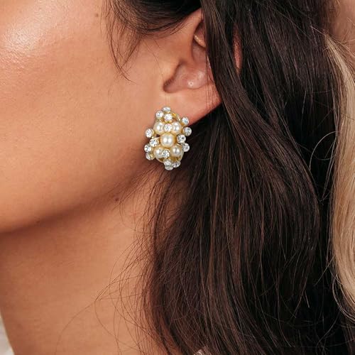 EVER FAITH Austrian Crystal White Simulated Pearl Bridal Cluster Pierced Stud Earrings - color: Clear Gold-Tone