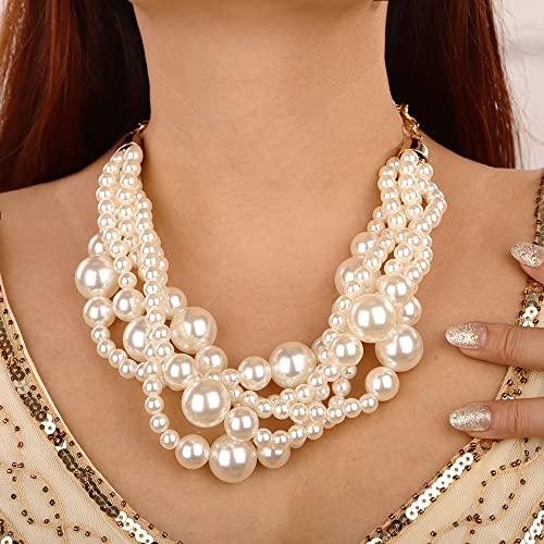 Wiwpar 2PCS Large Chunky Statement Faux Pearl Bib Choker Necklace and Earring Set for Party Wedding Ladies - color: white