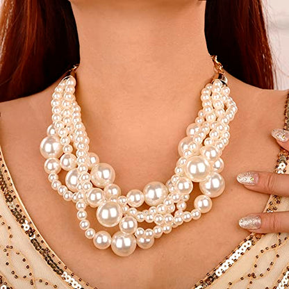 Wiwpar 2PCS Large Chunky Statement Faux Pearl Bib Choker Necklace and Earring Set for Party Wedding Ladies - color: white