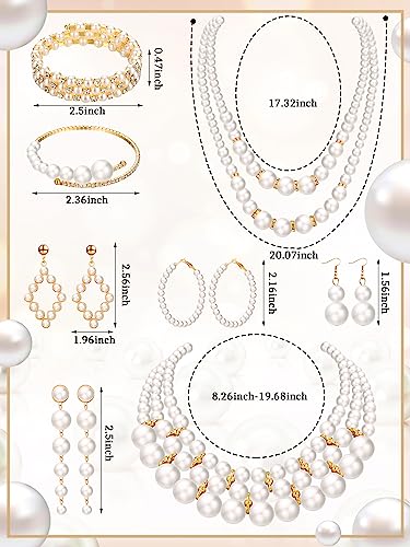 BBTO 8 Pcs Pearl Necklace and Earrings Set for Women Pearl Jewelry Set Faux Necklace Earrings Simulated Bracelets - style: Modern Style