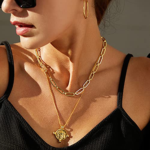 FRUMOS Dainty Layered Choker Necklace 18k gold Plated Y Pendant Commemorative coin Necklace Multilayer Bar Disc Necklace Adjustable Layering Choker Necklaces fashion jewelry for Women Girls - color: Pin-and-loop necklace
