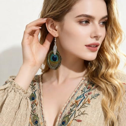 Feather Earrings for Women, Sterling Silver Hook Boho Style Peacock Long Feather Jewelry - color: Peacock Feather-4