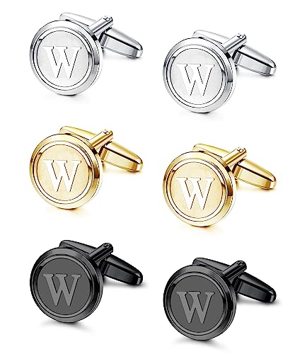 LOLIAS 3 Pairs Initial Cufflinks for Men Classic Mens CuffLinks Set Letter | Cuff Links for Casual to Formal with Gift Box Silver Black 14K Gold Plated Cufflinks for Father Husband Groom Groomsmen Gift - style: Letter W