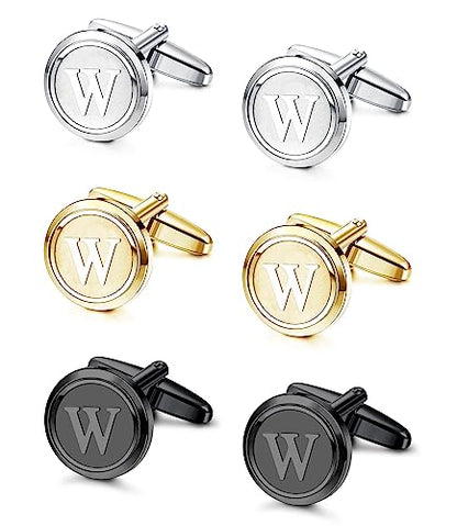 LOLIAS 3 Pairs Initial Cufflinks for Men Classic Mens CuffLinks Set Letter | Cuff Links for Casual to Formal with Gift Box Silver Black 14K Gold Plated Cufflinks for Father Husband Groom Groomsmen Gift - style: Letter W