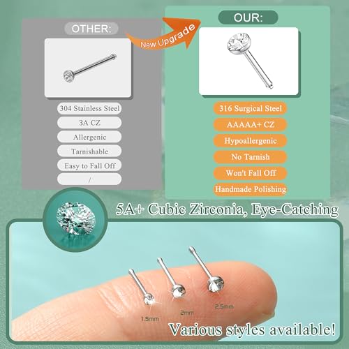 THUNARAZ Straight L Shaped Stainless Steel Nose Studs Rings Piercing Pin Body Jewelry 20G-22G 1.5mm 2mm 2.5mm - color: B:60Pcs White CZ(20G Straight)
