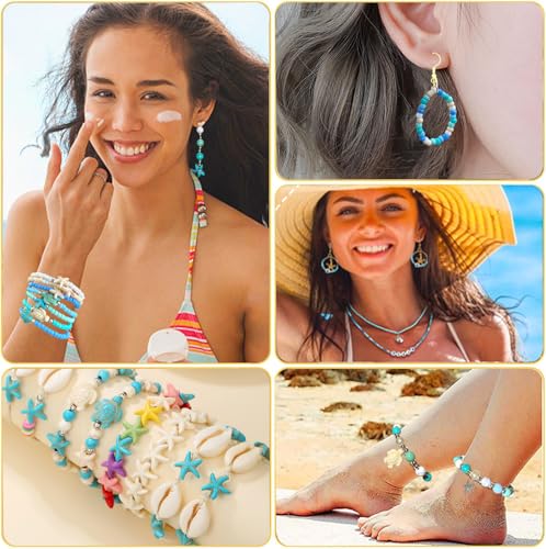 1960Pcs Ocean Beads for Bracelets Making Kit, Blue and White Summer Beach Bead for Jewelry Making, Sea Turtle Seashell Starfish Shape Beads 8mm Round Seed Bead for DIY Craft Bracelets Earring - color: Blue+white