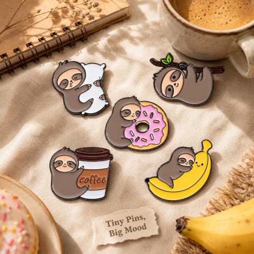 5Pcs Cute Coffee Cat Sloth Enamel Pin Set Cartoon Animal Coffee Cup Brooch Badges, Funny Lapel Pins for Backpacks, Jackets, Bags, Coffee Lover Gift - color: JH-065