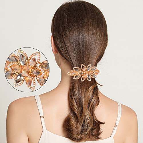 Floral Rhinestone Hairpin Luxury Crystal Flower Hair Barrette Clip (Champagne) - color: Champagne