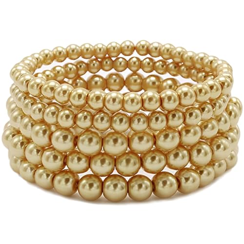 Faux Pearl Beaded Bracelets for Women Ladies Elastic Stretch Bracelet Stackable Jewelry Set Pulsera Para Mujer 5 pcs Size 6-8 MM - color: Gold