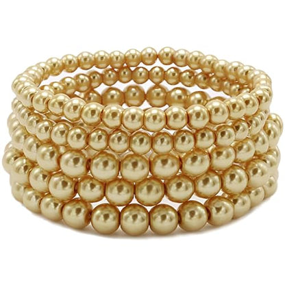 Faux Pearl Beaded Bracelets for Women Ladies Elastic Stretch Bracelet Stackable Jewelry Set Pulsera Para Mujer 5 pcs Size 6-8 MM - color: Gold
