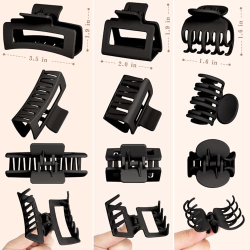 12 PCS Hair Claw Clips for Women – Small Medium Large Claw Clips for Thin or Thick Hair (Black) - color: Black