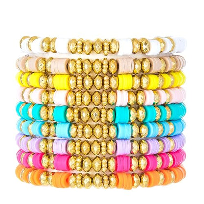 Friendship Bracelets for Women - Heishi Surfer Colorful Smile Evil Eye Clay Beaded Stretch Bracelets Elastic Layering - Stackable Boho Disc Y2K Aesthetic Summer Jewelry Set. - color: B-surfer-9pc-colorful