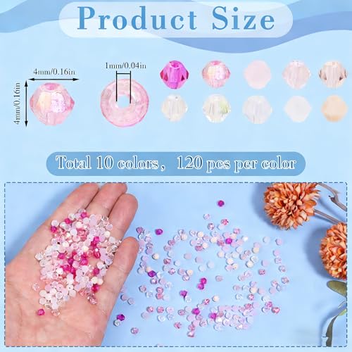 1200Pcs 4mm 10 Colors Faceted Crystal Glass Bicone Beads Loose Bead for DIY Bracelet Necklace Earring Keychain Jewelry Making,Pink - color: Pink
