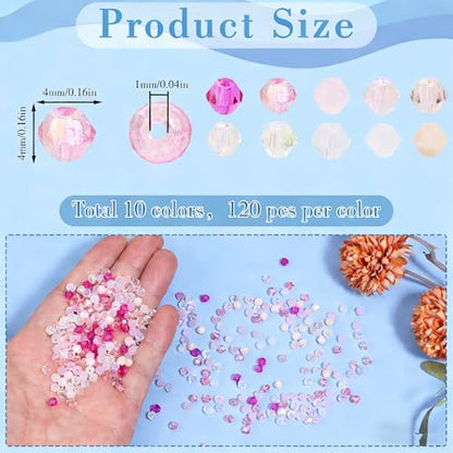 1200Pcs 4mm 10 Colors Faceted Crystal Glass Bicone Beads Loose Bead for DIY Bracelet Necklace Earring Keychain Jewelry Making,Pink - color: Pink