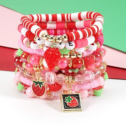 Twinfree Bohemian Cute Fruit Banana Cherry Strawberry Pineapple Mango Polymer Clay Beaded Stackable Stretch Bracelets - color: color 13
