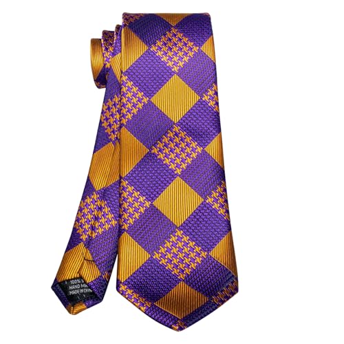 5PCS Mens Silk Tie, Pocket Square, Cufflinks, Drilled Tie Ring and Lapel Pin Set for Wedding Groom Party - color: Purple Gold Tie Set -281+7