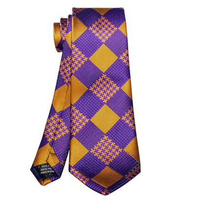 5PCS Mens Silk Tie, Pocket Square, Cufflinks, Drilled Tie Ring and Lapel Pin Set for Wedding Groom Party - color: Purple Gold Tie Set -281+7