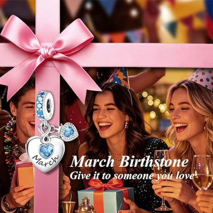 BLUELUNE Birthstone Charms, 925 Sterling Silver Dangle Charm with 5A Cubic Zirconia for Bracelets or Necklaces, Birthday, Mother's Day Present for Women - color: March