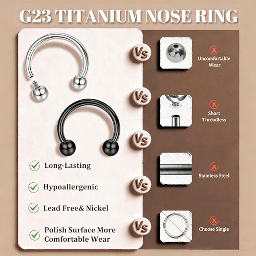 MILACOLATO 2Pcs Implant Grade Titanium Septum Rings for Women Men 16G | G23 Solid Titanium Internally Threaded Horseshoe Circular Barbell Piercing Jewelry for Nose Lip Tragus Eyebrow Helix Daith - color: 2pcs-black&steel-16g/12mm