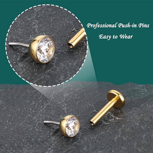 Gotumo 16G 18G 20G Flat Back Earrings Stud Titanium Threadless Nose Rings Tragus Labret Cartilage Lip Medusa Conch Body Piercing Jewelry Hypoallergenic for Women Men - color: Gold, size: 20G Bar 5/6/7mm & CZ 2/3/4mm