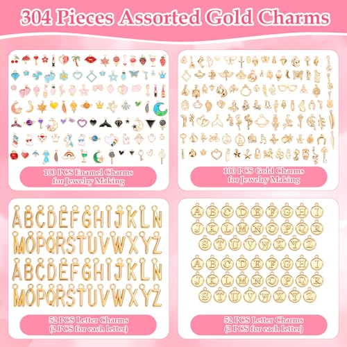 304Pcs Gold Charms for Jewelry Making, Assorted Bracelet Letter Charms for DIY Jewelry Making Necklace Bracelet, Keychains and Crafts