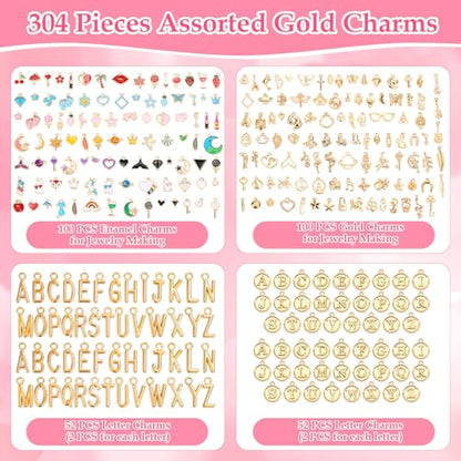 304Pcs Gold Charms for Jewelry Making, Assorted Bracelet Letter Charms for DIY Jewelry Making Necklace Bracelet, Keychains and Crafts