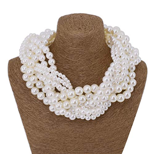 utop JNF Hand made Pearl Statement Necklace for Women Rhinestone Multilayer Crystal Necklaces Chunky Pearl Necklace Large Pearl Necklace and Earrings Set for Mother Mom's gift - color: white pearl choker necklaces