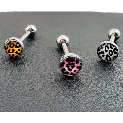 Leopard Print Tongue Ring for Women 14G Stainless Steel Circle Straight Barbell Tongue Rings Internally Threaded 5/7 Inches Piercing Jewelry - color: Yellow