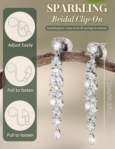 Florideco Silver Plated Clip On Earrings Wedding Dangle Earrings for Women - color: S-Long Danlge