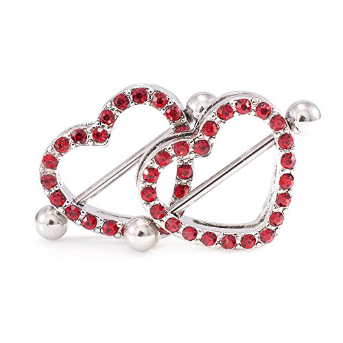 14G Stainless Steel CZ Paved Heart Nipple Rings Nipple Piercing Jewelry for Women 7/8 Inch 22mm - color: Silver - Red CZ