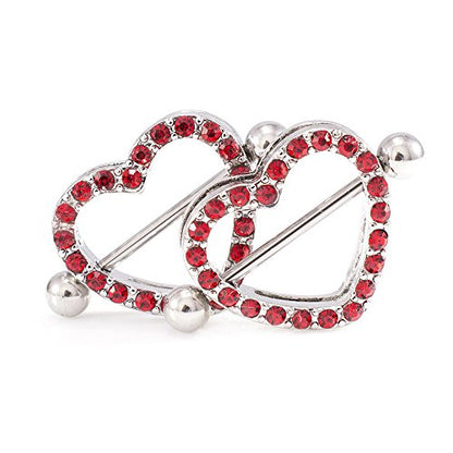 14G Stainless Steel CZ Paved Heart Nipple Rings Nipple Piercing Jewelry for Women 7/8 Inch 22mm - color: Silver - Red CZ