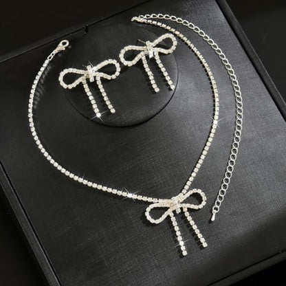 Gold Rhinestone Jewelry Set for Women Crystal Choker Necklaces Drop Earrings Adjustable Bracelet Elegant Prom Bridal Jewelry - color: Silver A