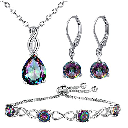 VOLUKA Created Opal/Amethyst/Mystic Topaz Pendant Necklace for Women,18K White/Rose Gold Plated Chain Wedding Engagement Jewelry Gift - color: I-Necklace/bracelet/earrings set