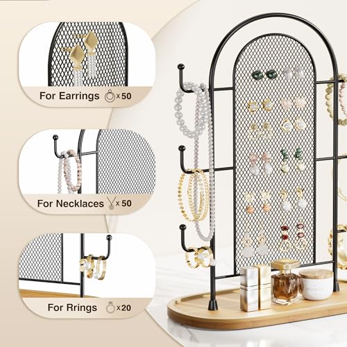 bussdis Jewelry Holder Organizer Earring Display - Earring Storage Tree Stands Towers With 6 Hooks 300 Studs Wood Tray Black Metal Rack - color: Black