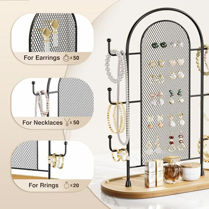 bussdis Jewelry Holder Organizer Earring Display - Earring Storage Tree Stands Towers With 6 Hooks 300 Studs Wood Tray Black Metal Rack - color: Black