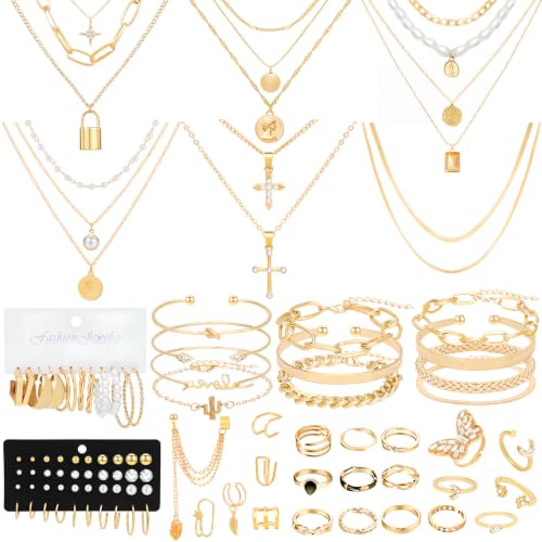 NEWITIN 69 Pieces Gold Jewelry Set for Women Fashion Costume Jewelry Gold Plated Necklace Bracelet Earrings Set for Women - color: Gold Jewelry Set C