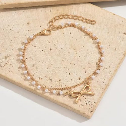 Nojess Gold Bow Anklet Bracelets for Women Layered Faux Pearl Bow Ankle Adjustable Summer Beach Foot Jewelry for Vacation Gift