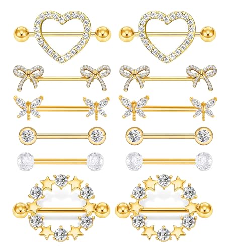 Suotarn 14G INNINipple Rings for Women 316L Stainless Steel Heart Cherry,Star Butterfly Nipple Barbell CZ Cute Nipple Rings Set Nipplerings Piercing Jewelry - color: gold