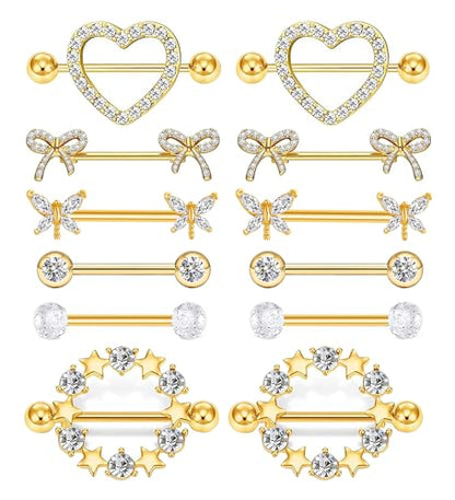 Suotarn 14G INNINipple Rings for Women 316L Stainless Steel Heart Cherry,Star Butterfly Nipple Barbell CZ Cute Nipple Rings Set Nipplerings Piercing Jewelry - color: gold