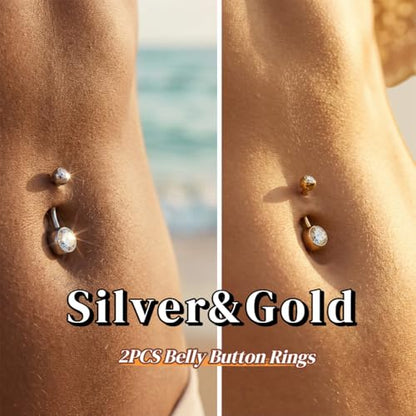 TOPBRIGHT G23 Titanium 14G Belly Button Rings - Internally Threaded Curved Barbell Hypoallergenic Navel Piercing Jewelry Gold Silver 2Pcs Set for Women 6mm 8mm 10mm 12mm 14mm 16mm - color: Silver&Gold-12mm bar