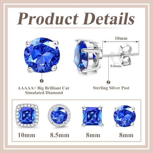 MILACOLATO S925 Sterling Silver Stud Earrings for Women Men Hypoallergenic 18K Gold Plated Cubic Zirconia Earrings Studs Brilliant Simulated Diamond Halo Earring for Sensitive Ears - style: 18K White Gold Plated - Dark Blue CZ