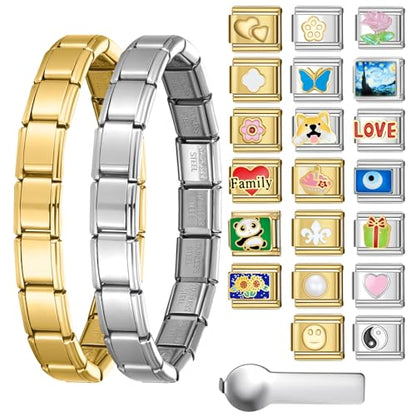 Stainless Steel Italian Charm Bracelet, 18 Link Starter Bracelet 9mm Charms | Italian Charm Bracelet with 9Pcs/20Pcs Charms and Opening Tools, Classic 9mm Modular Charm, Personalized Jewelry Gift - color: 20pcs Charm Set