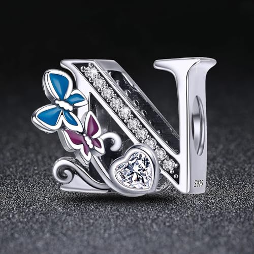 S925 Silver Butterfly Initial Letter Charms Fit for Pandora Charms Bracelets and Necklace Alphabet Bead Charms Jewelry Gifts for Women - color: N