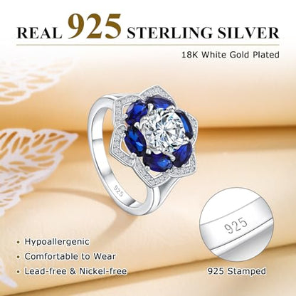 Flower Cocktail Ring for Women Stone Engagement Anniversary Rings | Sterling Silve|Hypoallergenic|Ruby|Sapphire|Emerald|Wedding and Birthday Party Women Statement Ring|Mother and Grandma Gift - color: Sapphire (Sep.)