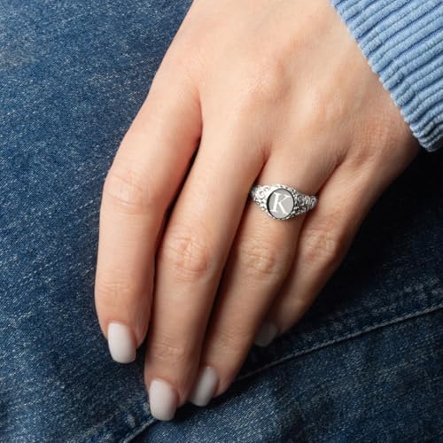 Claddagh Gold Personalized .925 Sterling Silver 2.2mm Engravable Initial Letter A-Z Art Deco Signet Ring for Women | Available in Sizes 4-12