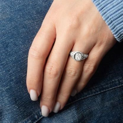 Claddagh Gold Personalized .925 Sterling Silver 2.2mm Engravable Initial Letter A-Z Art Deco Signet Ring for Women | Available in Sizes 4-12