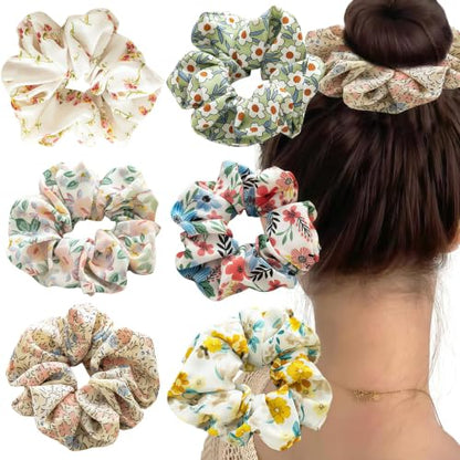 6 PACK Hair Scrunchies, Hair Elastics Bands Floral Hair Scrunchie, Elastic Rubber Bands Chiffon Hair Scrunchies for Thick Curly Hair Flower Hair Ties Hair for Women Girls